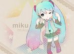  aqua_eyes aqua_hair bad_id bad_pixiv_id bare_shoulders chibi detached_sleeves gradient_hair hatsune_miku head_tilt headset long_hair multicolored_hair necktie one_eye_closed s_u-i-m_a solo thighhighs twintails very_long_hair vocaloid 