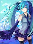  :&lt; ahoge aqua_eyes aqua_hair bad_id bad_pixiv_id day detached_sleeves feathers hatsune_miku long_hair necktie skirt sky solo thighhighs twintails utm very_long_hair vocaloid zettai_ryouiki 