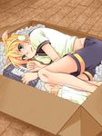  aqua_eyes barefoot blonde_hair blush box cardboard_box fetal_position hands headphones headset in_box in_container kagamine_len male_focus nekomaru_rentarou shorts solo sweatdrop vocaloid 