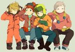  aqua_shirt black_hair blonde_hair blue_eyes boots brown_footwear buttons closed_eyes coat cross-laced_footwear eric_cartman fur_trim green_eyes green_hat green_pants hat hood jacket kenny_mccormick kyle_broflovski lace-up_boots male_focus mittens mittens_removed multiple_boys open_mouth orange_jacket pants parka plump poo poo_(donkan_gokko) red_hair shirt shoes south_park stan_marsh winter_clothes winter_coat 