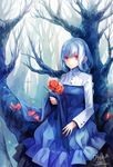  albino bad_id bad_pixiv_id bare_tree blue braid branch colored_eyelashes cross dhiea dress expressionless eyelashes flower holding original petals red_eyes rose rose_petals signature silver_hair sitting solo tree 