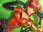  armor asymmetrical_clothes belt black_gloves blush breasts choker cleavage earrings game_cg gloves grass jewelry lace lace_choker large_breasts lying mira_(queen_bonjourno) on_back open_mouth pov queen_bonjourno red_hair sano_toshihide short_hair solo tan yellow_eyes 
