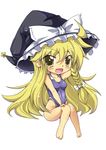  barefoot blonde_hair braid chibi competition_swimsuit hat kirisame_marisa kusanagi_mikoto_(artist) long_hair one-piece_swimsuit solo swimsuit touhou witch_hat yellow_eyes 