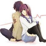  1girl angel_beats! back-to-back bad_id bad_pixiv_id couple hatahata hetero noda_(angel_beats!) school_uniform sitting thighhighs yuri_(angel_beats!) 