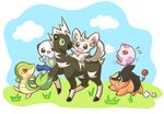  blitzle blue_eyes blue_sky brown_eyes day falling ferythekid full_body gen_5_pokemon highres minccino munna no_humans oshawott pokemon pokemon_(creature) red_eyes running sky snivy surprised tepig 