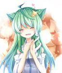  ahoge animal_ears cat_ears closed_eyes detached_sleeves green_hair hair_ornament hands_together happy kemonomimi_mode kochiya_sanae long_hair no_nose own_hands_together snake solo star touhou yuya_(night_lily) 