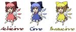  achi_cirno alternate_color bad_id bad_pixiv_id blonde_hair blue_hair blush bow cirno dress eichikei fang hair_bow ikazu_cirno multiple_girls red_hair ribbon short_hair touhou wings 