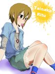  absurdres alternate_hairstyle bad_id bad_pixiv_id brown_eyes brown_hair candy casual food hair_down highres jewelry k-on! lollipop mouth_hold necklace shirt sitting skirt solo tainaka_ritsu takeuchi_aya tied_shirt 