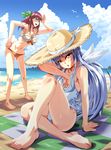 :d :o angel_beats! bad_feet barefoot beach bikini breasts cleavage cloud day feet hand_on_hip hat head_tilt hiropon_pj leaning_forward legs long_hair looking_at_viewer medium_breasts multiple_girls one-piece_swimsuit open_mouth outdoors shading_eyes sitting sky smile straw_hat sun_hat swimsuit tenshi_(angel_beats!) white_swimsuit yuri_(angel_beats!) 