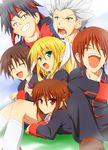  4boys absurdres black_hair blonde_hair brown_hair green_eyes headband highres inohara_masato japanese_clothes laughing little_busters! long_hair micchan miyazawa_kengo multiple_boys multiple_girls naoe_riki natsume_kyousuke natsume_rin red_eyes school_uniform short_hair tokido_saya twintails 