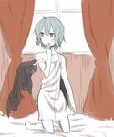  aharan bad_id bad_pixiv_id barefoot bed blue_hair kneeling nightgown red_eyes red_string remilia_scarlet short_hair sketch solo string touhou wings 