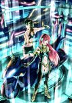  boots detached_sleeves gloves green_hair ground_vehicle long_hair megurine_luka microphone motor_vehicle motorcycle multiple_girls navel pink_hair raicho short_hair sonika very_long_hair vocaloid 