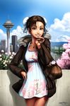  bun_cover casual chun-li double_bun dress highres jewelry necklace omar_dogan pantyhose seattle signature smile solo space_needle street_fighter 