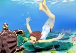  bad_id bad_pixiv_id barefoot brown_eyes brown_hair bubble competition_swimsuit coral enokoro_kusa feet fish freediving highres one-piece_swimsuit open_mouth original short_hair smile solo swimming swimsuit turtle underwater upside-down 