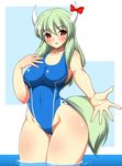  bad_id bad_pixiv_id blush breasts ex-keine green_hair horns kamishirasawa_keine kyokutou_hentai_samurai large_breasts long_hair one-piece_swimsuit red_eyes solo swimsuit tail touhou 
