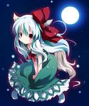  bad_id bad_pixiv_id bow colorized dress ex-keine full_moon green_eyes grune highres horns kamishirasawa_keine long_hair looking_at_viewer moon night red_eyes shichinose smile solo tail touhou younger 