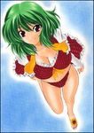  ascot bikini blue_background border breasts cleavage flower from_above green_hair kazami_yuuka large_breasts looking_up marker_(medium) nail_polish open_clothes open_shirt pastel_(medium) perspective plaid plaid_bikini plaid_vest red_eyes red_nails sandals shirt short_hair smile solo sunflower swimsuit touhou traditional_media untied vest yadokari_genpachirou 
