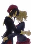  1girl black_hair blonde_hair hug kanon_(umineko) koougi ponytail skirt umineko_no_naku_koro_ni ushiromiya_jessica 