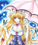  blonde_hair blue_eyes bow breasts bug butterfly cleavage corset elbow_gloves fragran0live gloves hair_bow hat insect large_breasts long_hair smile solo touhou traditional_media umbrella watercolor_(medium) white_gloves yakumo_yukari 
