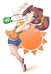  bad_id bad_pixiv_id bare_shoulders bracelet brown_hair denim denim_shorts green_eyes idolmaster idolmaster_(classic) jewelry mouth_hold shachi_kamaboko short_hair short_shorts shorts solo takatsuki_yayoi twintails 