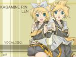  1boy 1girl bad_id bad_pixiv_id blonde_hair brother_and_sister detached_sleeves green_eyes headphones headset heart heart_hands heart_hands_duo kagamine_len kagamine_rin sailor short_hair siblings twins vocaloid 