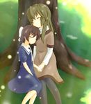  bad_id bad_pixiv_id brown_hair clannad closed_eyes dress face highres ibuki_fuuko long_hair multiple_girls okazaki_ushio pantyhose rin_mokkomoko short_hair sleeping tree 