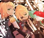  1girl aiguillette blonde_hair brother_and_sister cape epaulettes eyepatch green_eyes hair_ornament hair_ribbon hairclip hiiro_(kikokico) kagamine_len kagamine_rin ribbon short_hair siblings smile twins uniform vocaloid 