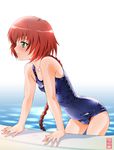  arm_support braid darker_than_black green_eyes hands leaning_forward long_hair maira_gen one-piece_swimsuit pool poolside red_hair school_swimsuit single_braid smile solo suou_pavlichenko swimsuit wading water 