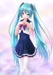  absurdres aqua_eyes aqua_hair blush bow bowtie dress hands_clasped hatsune_miku highres long_hair own_hands_together project_diva_(series) project_diva_2nd smile solo thighhighs toshi_(www000wj) twintails very_long_hair vocaloid white_legwear 