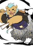  2019 anthro boar brown_fur clothed clothing fur gouryou humanoid_hands male mammal mohawk okoge_16 one_eye_closed overweight overweight_male porcine simple_background solo tokyo_afterschool_summoners video_games wink 