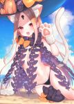  1girl :d abigail_williams_(fate/grand_order) animal_ear_fluff animal_ears bangs beach black_bow black_headwear black_panties blonde_hair blue_sky blush bow cat_ears cat_girl cat_tail cloud cloudy_sky commentary_request day fang fate/grand_order fate_(series) gloves groin hand_up hat hat_bow horizon kemonomimi_mode keyhole long_hair looking_at_viewer navel ocean open_mouth orange_bow outdoors panties parted_bangs paw_gloves paws red_eyes revealing_clothes sand sky smile solo stuffed_animal stuffed_toy suzuho_hotaru tail teddy_bear topless underwear very_long_hair water white_gloves witch_hat 