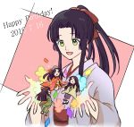  1girl bangs birthday black_hair blunt_bangs blush bow commentary_request dated eyebrows_visible_through_hair gintama green_eyes hair_bow haori happy_birthday high_ponytail highres japanese_clothes kimono long_hair multiple_persona obi open_hands open_mouth ponytail sash sidelocks smile solo tokugawa_soyo wide_sleeves yatsuo 