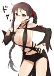  1girl absurdres bangs bare_shoulders black_shorts black_swimsuit blush braid breasts brown_hair cleavage consort_yu_(fate) detached_sleeves ear_piercing earrings fate/grand_order fate_(series) glasses hair_ornament hair_scrunchie hand_on_own_chest heroic_spirit_chaldea_park_outfit highres jewelry large_breasts long_hair long_sleeves looking_at_viewer low-tied_long_hair multiple_earrings navel o-ring piercing purple_eyes scrunchie shorts simple_background single_braid smile solo swimsuit thighs tyoko_tanuki16 very_long_hair white_background 