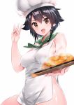  1girl :d amasora_taichi apron black_hair braid breasts brown_eyes chef_hat food girls_und_panzer green_neckwear hat highres looking_at_viewer medium_breasts naked_apron open_mouth pepperoni_(girls_und_panzer) short_hair simple_background single_braid smile solo steam white_apron white_background white_headwear 
