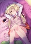  1girl ass bangs blonde_hair breasts brown_skirt cellphone closed_eyes commentary_request eyebrows_visible_through_hair green_eyes hair_ornament half-closed_eye idolmaster idolmaster_cinderella_girls jougasaki_rika knees_up long_hair looking_at_viewer lying on_back phone pillow pink_pillow red_neckwear red_ribbon ribbon shiroyukimajima shirt skirt small_breasts smartphone solo two_side_up vibrator wavy_mouth white_shirt 