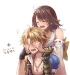  1boy 1girl blonde_hair brown_hair commentary_request detached_sleeves final_fantasy final_fantasy_x japanese_clothes jewelry necklace sasanomesi short_hair simple_background tidus white_background yuna_(ff10) 
