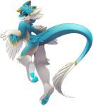  2019 anthro avali bare_back blue_feathers brown_eyes digital_media_(artwork) feathered_arms feathers fur hair hi_res male nude rudragon smile solo white_fur 
