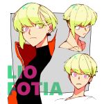  bitesthe_dust blonde_hair character_name closed_mouth earrings expressions face jacket jewelry lio_fotia looking_at_viewer male_focus open_mouth promare purple_eyes short_hair 