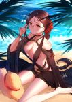  1girl bangs bare_shoulders beach black_shorts black_swimsuit blush braid breasts brown_hair center_opening cleavage closed_mouth collarbone consort_yu_(fate) detached_sleeves ear_piercing earrings fate/grand_order fate_(series) feet glasses gogatsu_fukuin hair_ornament hair_scrunchie heroic_spirit_chaldea_park_outfit highres jewelry large_breasts long_hair long_sleeves looking_at_viewer low-tied_long_hair multiple_earrings o-ring piercing scrunchie shorts single_braid sitting smile solo swimsuit thighs very_long_hair wariza 