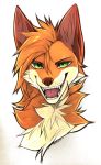  2019 ambiguous_gender angiewolf canid canine fox green_eyes hair mammal open_mouth orange_hair simple_background smile solo teeth tongue traditional_media_(artwork) white_background 