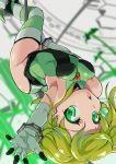  1girl aiai_(jsm) akatsuki_kirika arched_back ass bare_shoulders blonde_hair breasts commentary_request gloves green_eyes green_leotard highres leotard looking_at_viewer medium_breasts pole pole_dancing scythe senki_zesshou_symphogear shiny shiny_clothes shiny_hair shiny_skin short_hair skin_tight solo striped striped_legwear thighhighs white_gloves 