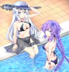  2girls bikini black_bikini black_heart blue_eyes bracelet braid breasts eyebrows_visible_through_hair flower grey_hair hair_between_eyes hat jewelry joney long_hair looking_at_viewer medium_breasts multiple_girls navel neptune_(series) outdoors pool purple_eyes purple_heart sarong sitting swimsuit thigh_strap twin_braids wet 