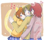  3girls animal_ears blathvean blush brown_hair drawn_ears drawn_tail heart hoshizora_rin koizumi_hanayo long_sleeves looking_at_another love_live! love_live!_school_idol_project medium_hair multiple_girls nishikino_maki open_mouth otonokizaka_school_uniform purple_eyes red_hair school_uniform short_hair simple_background skirt smile sweater tail yuri 