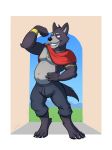  adastra amicus_(adastra) black_fur bottomwear canid canine canis clothing countershading flexing fur grey_fur hi_res jewelry looking_at_viewer male mammal multicolored_fur muscular muscular_male nipples piercing shorts slightly_chubby smile solo tenebristle two_tone_fur wolf wristcuff 