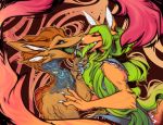  2019 anthro blue_eyes brown_fur brown_hair claws digital_media_(artwork) duo elvche eyes_closed female french_kissing fur green_hair green_tongue hair hybrid kissing open_mouth smile teeth tongue 