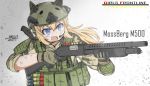  1girl absurdres animal_ears blonde_hair blue_eyes chinese_commentary commentary_request digital_camouflage dirty dirty_face fang girls_frontline gloves gun headset helmet highres holding holding_gun holding_weapon load_bearing_vest long_hair military mossberg_500 mossberg_500_(girls_frontline) shotgun shotgun_shells solo toramaru-913 weapon 