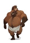  2018 anthro beard belly big_muscles body_hair broody brown_fur brown_hair chest_hair clothed clothing facial_hair fur furrybob hair hairy jewelry male mammal multicolored_fur musclegut muscular muscular_male necklace nipples pecs pink_nipples plantigrade pubes simple_background solo suid suina sus_(pig) topless towel tusks two_tone_fur walking wild_boar 