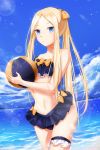  1girl abigail_williams_(fate/grand_order) ball bangs bare_arms bare_shoulders beachball bikini_skirt black_bow black_skirt blonde_hair blue_eyes bow cloud collarbone commentary_request day fate/grand_order fate_(series) hair_bow holding long_hair looking_at_viewer navel orange_bow outdoors parted_bangs polka_dot polka_dot_bow skirt slime_(user_jpds8754) solo swimsuit thighhighs very_long_hair water 