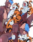  anthro black_fur blue_eyes blue_hair blush brown_fur clothing felid feline fondling french_kissing fur green_eyes grin grope hair hi_res jewelry kissing loincloth lynx male male/male mammal muscular necklace open_mouth oral orange_fur pantherine pinned simple_background sinsquared smile tiger white_fur 