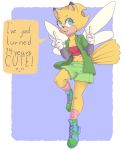  ^_^ absurd_res arthropod blue_eyes bottomwear breasts cleavage clothed clothing eulipotyphlan eyes_closed female fur gesture girlfaceren hedgehog hi_res insect mammal shorts smile sonichu_(series) sonichu_(species) teenager v_sign wings yellow_fur young zapina 